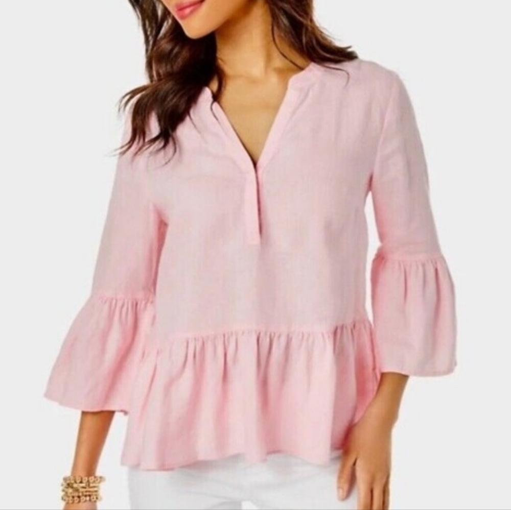 Lilly Pulitzer Bekah 3/4 Sleeve Linen Tunic Pink Cottagecore Small
